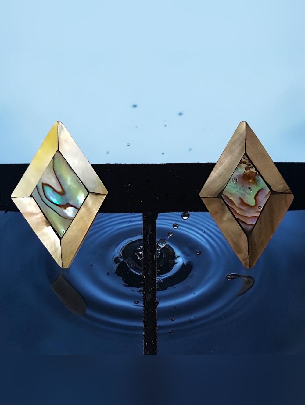 Vintage Inlaid Abalone Shell Earrings Pierced Geometric Diamond Shape Iridescent
